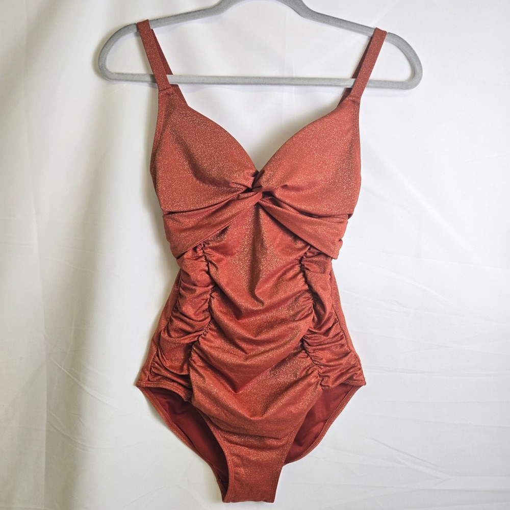 Maurices Sparkle Ruched One Piece Swimsuit Adjustable Straps Rust Orange Small